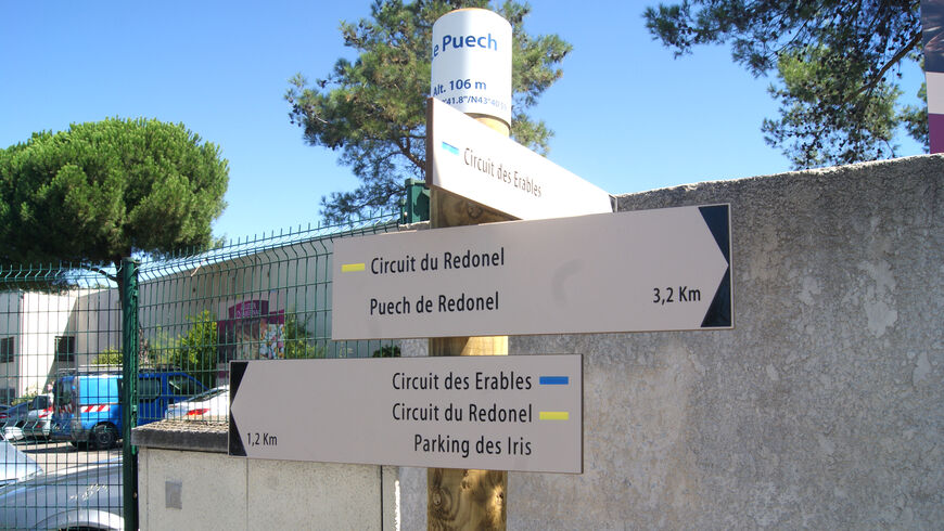 Panneau de balisage indiquant la direction de différentes balades urbaines